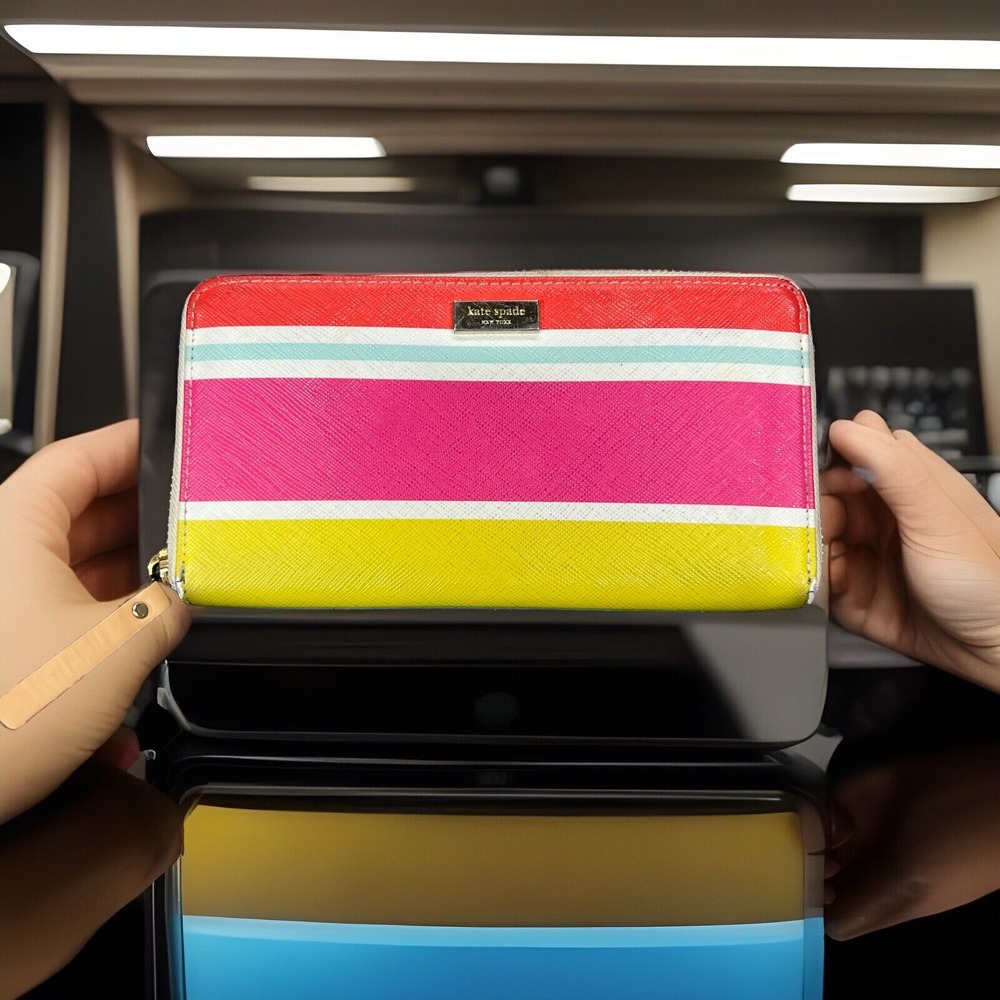 KATE SPADE Laurel Way Neda Continental Wallet Bonita Stripe Teal Fuchsia Pink